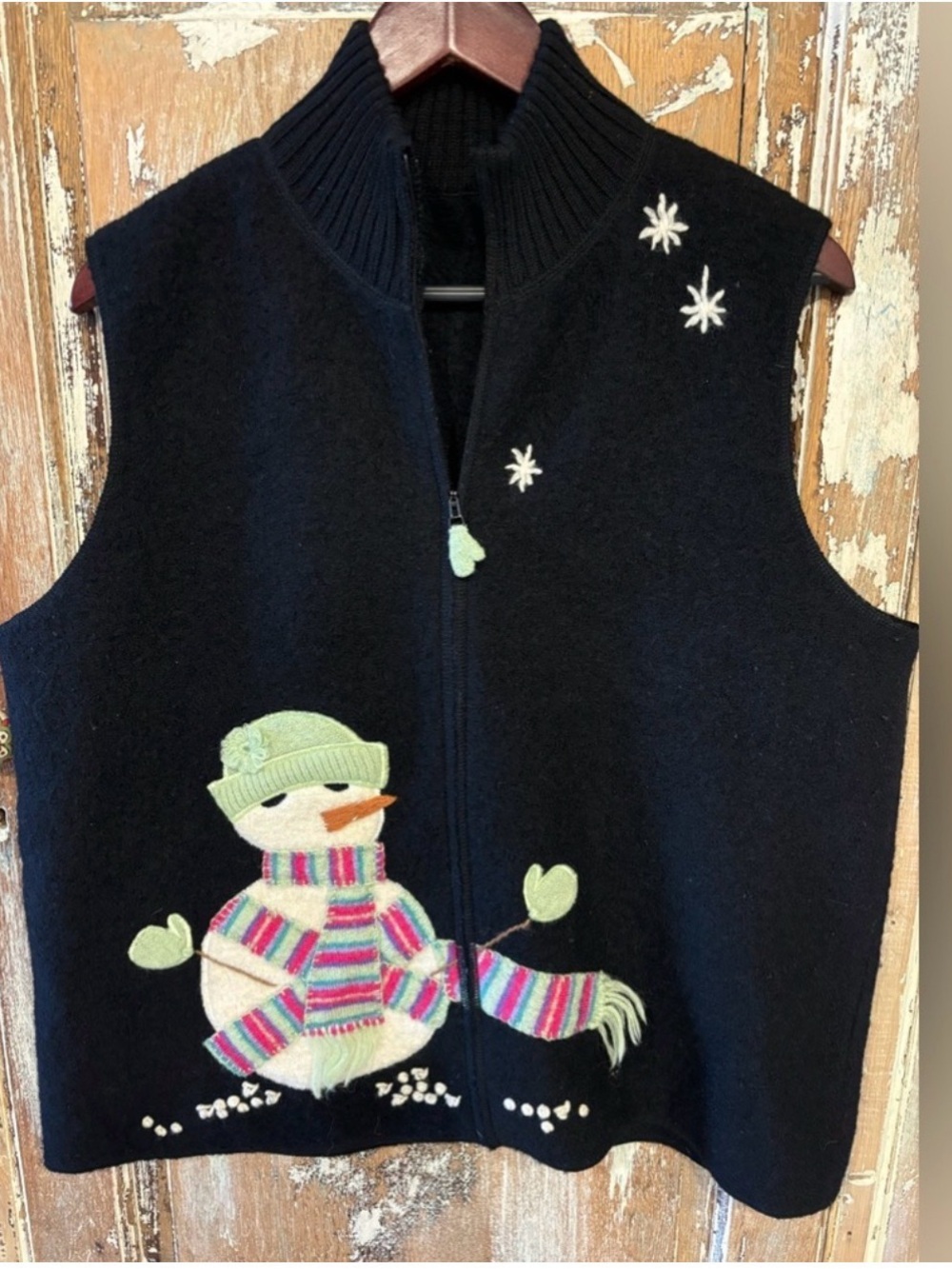 Cold Water Creek Women’s 100% Wool Snowman Appliqué Full Zip Sweater Vest